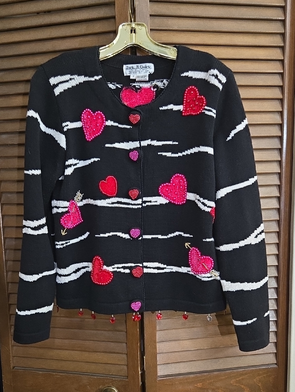 Jack B. Quick  Black Cardigan with Pink and Red Heart Appliqués